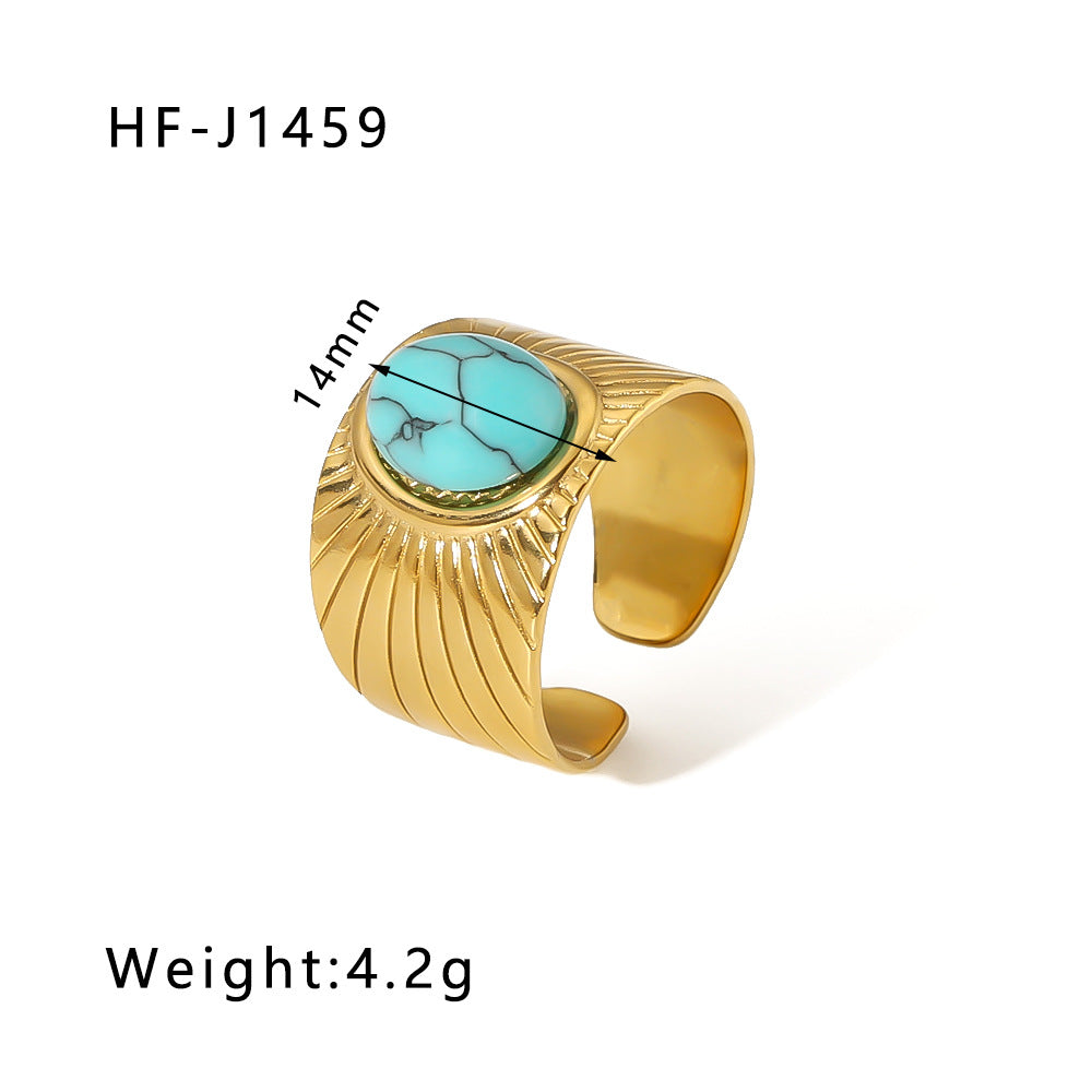 Basic Vintage Style Round Stainless Steel Plating Inlay Natural Stone 18K Gold Plated Open Rings