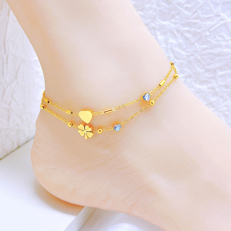 Elegant Heart & Butterfly 18K Gold Plated Stainless Steel Anklet with Rhinestones and Shell