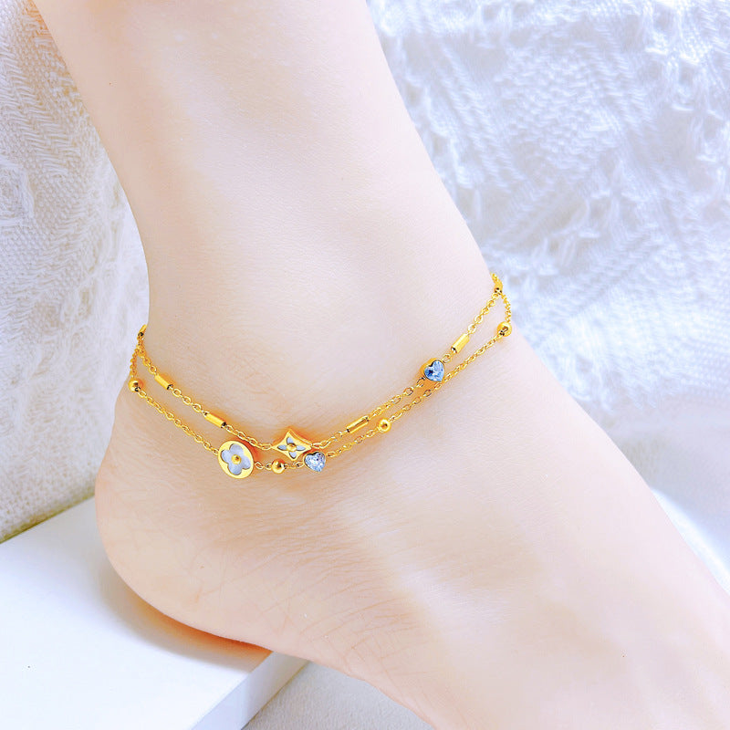 Elegant Heart & Butterfly 18K Gold Plated Stainless Steel Anklet with Rhinestones and Shell