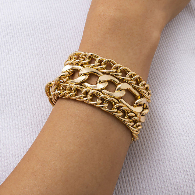 Geometric Iron Women's Bracelet with Gold and Silver Faceted Twisted Chain