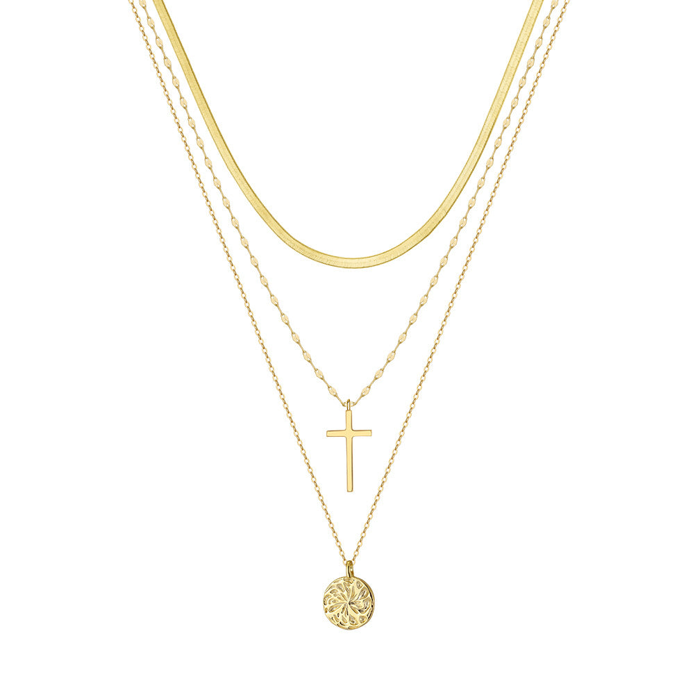 Sterling Silver 14K Gold Plated Triple Layer Cross Pendant Necklace