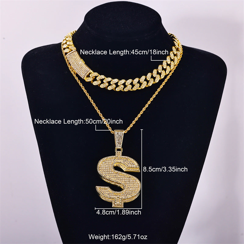 Hip-Hop Rhinestone Letter Pendant Necklace with Cuban Chain Set