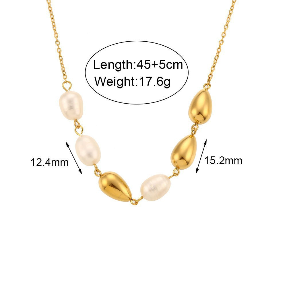 Elegant Geometric Gold Plated Stainless Steel Pearl Jewelry Set - Necklace and Bracelet