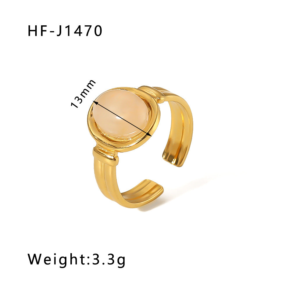 Basic Vintage Style Round Stainless Steel Plating Inlay Natural Stone 18K Gold Plated Open Rings