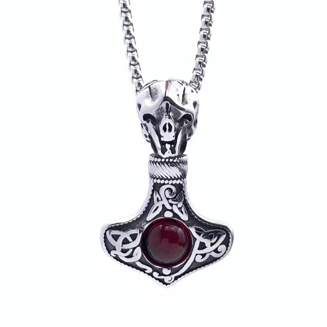 Punk Thor's Hammer Stainless Steel Skull Gem Men's Pendant Necklace