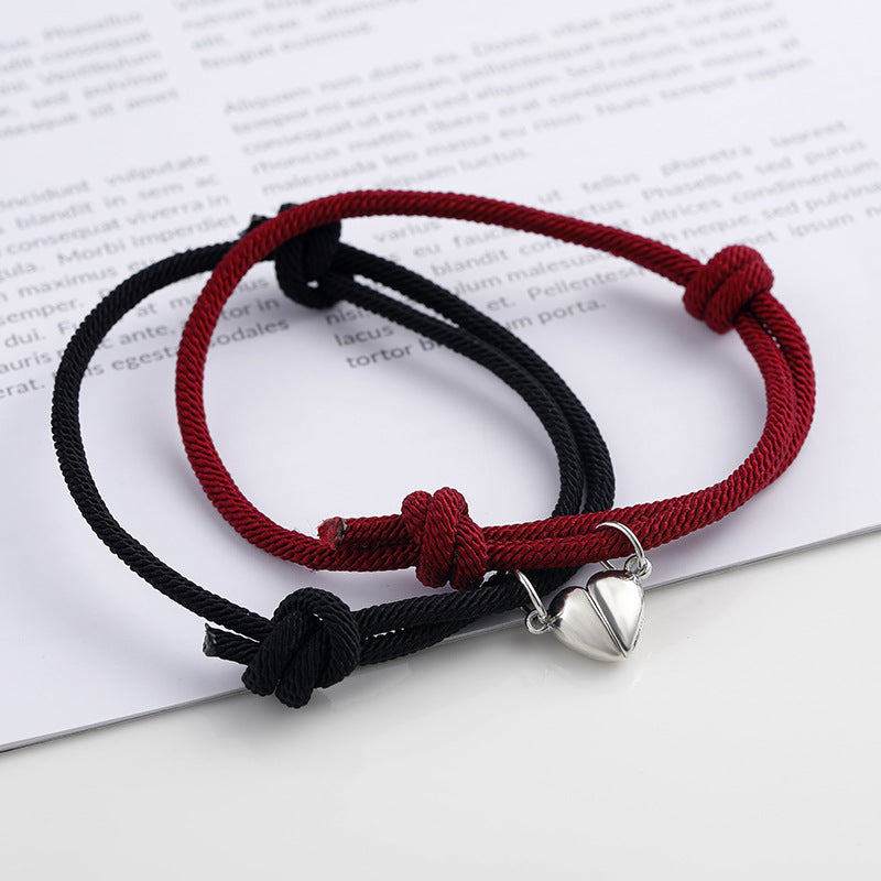 Magnetic Heart Couple Bracelets with Red Rope and Alloy Charm