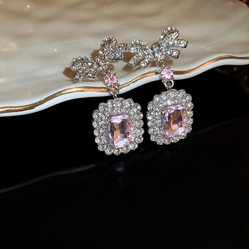 Elegant Rhinestone Flower Drop Earrings - Square Stud Design