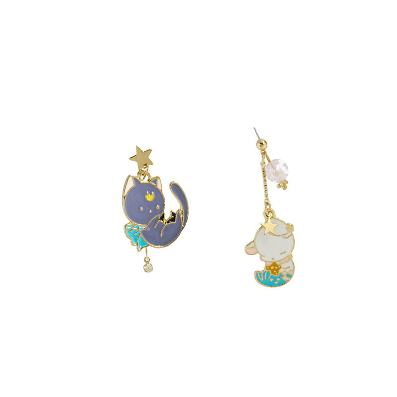 Cartoon Animal Enamel Pearl Drop Earrings with Bow and Flower Design