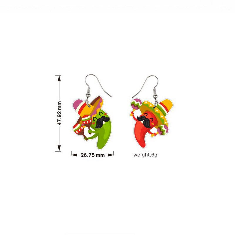 Acrylic Cactus Skull and Avocado Drop Earrings with Mexican Print Design