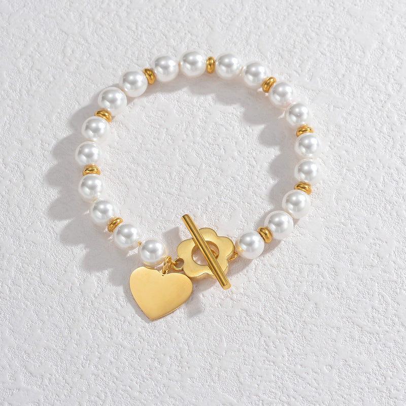 Baroque Heart & Love Flower Stainless Steel Pearl Bracelet - Modern Niche Design