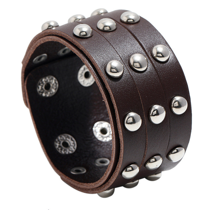 Punk Style Men's Wide Leather Bracelet with Rivets - European and American Trend Cowhide Jewelry