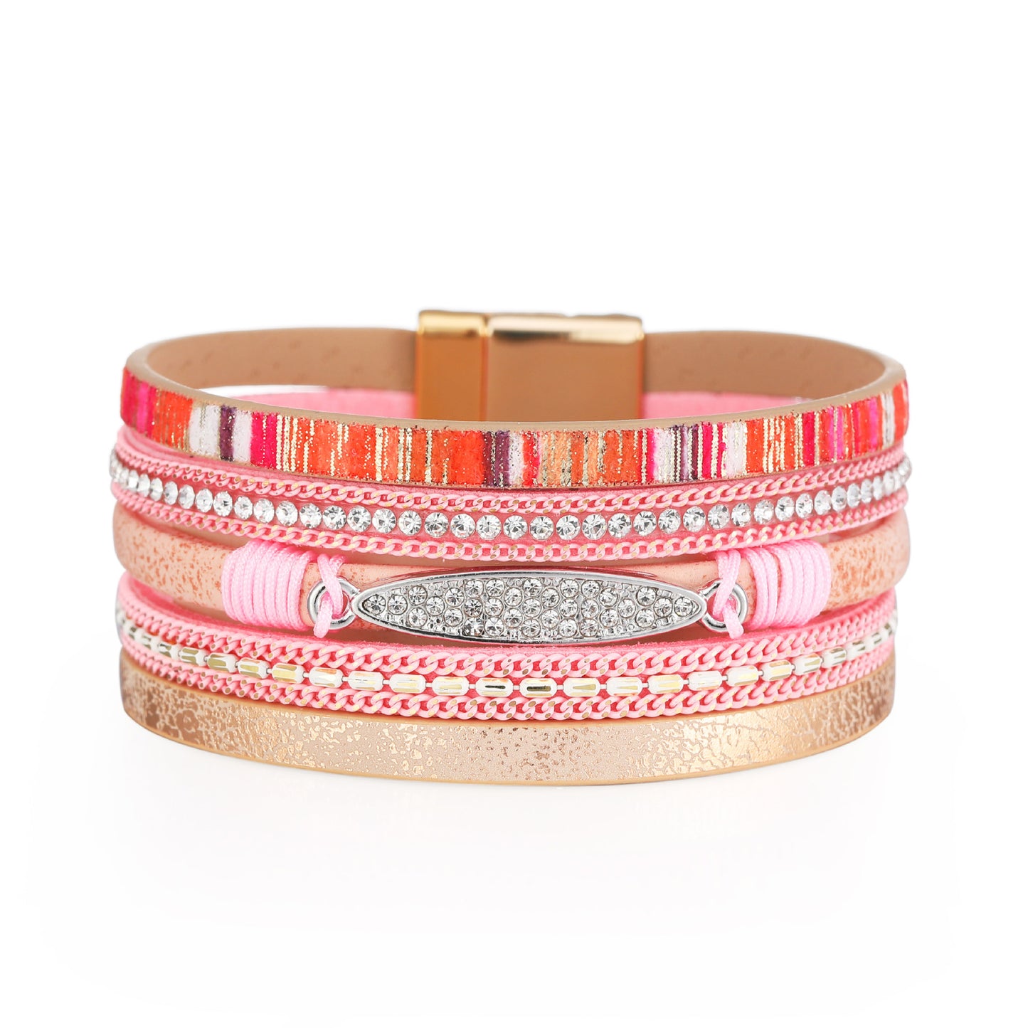 Bohemian Multi-Layer Geometric PU Leather Bracelet with Rhinestone and Alloy Pendant