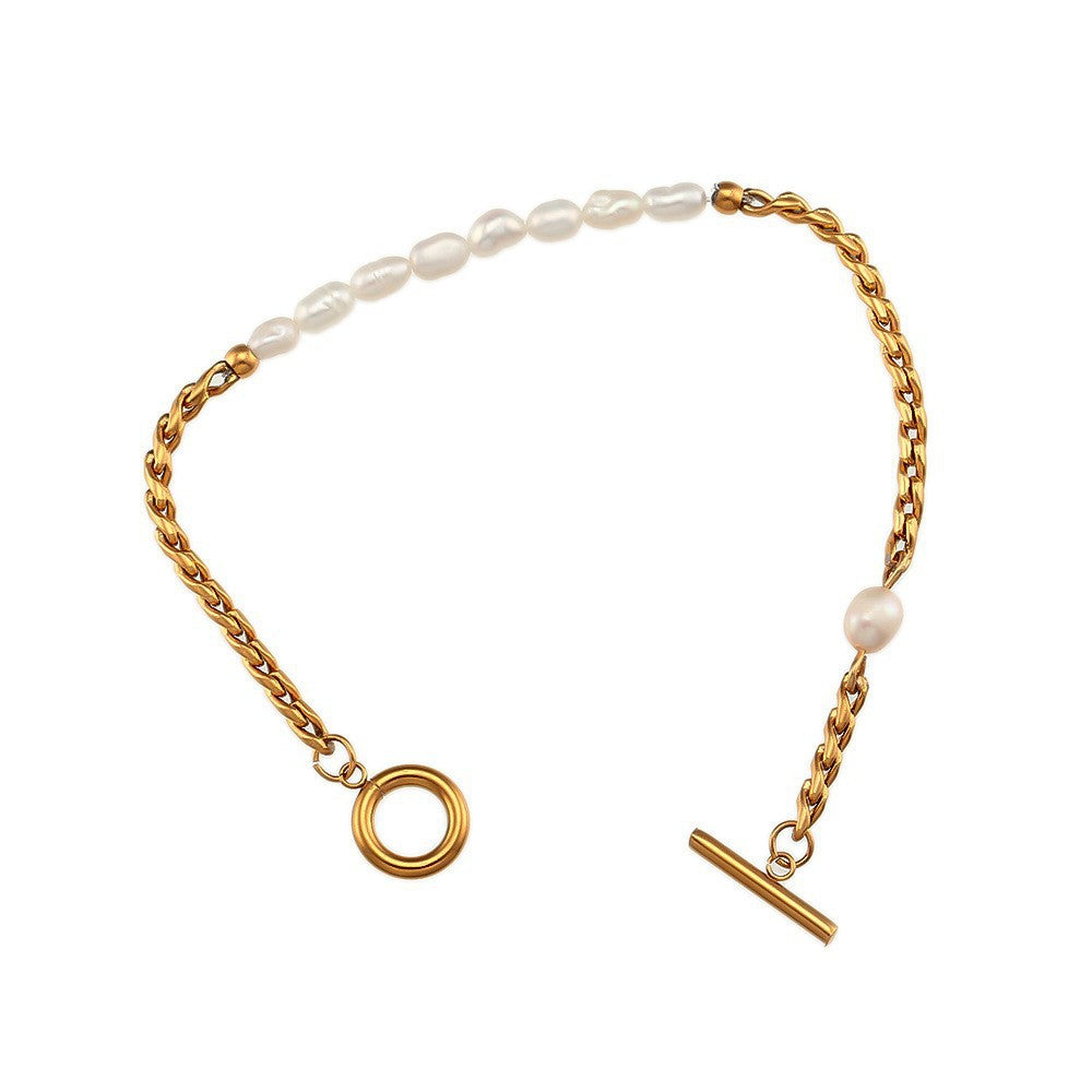 Elegant Geometric Gold Plated Stainless Steel Pearl Jewelry Set - Necklace and Bracelet