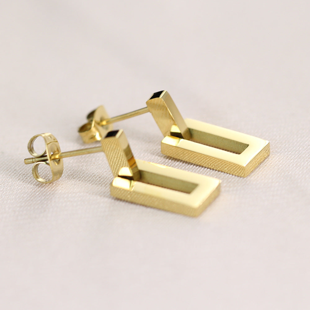 Geometric Hollow Rectangle Pendant Titanium Steel Earrings 18k Gold Plated