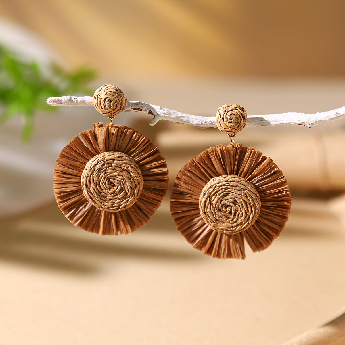 Bohemian Rattan Circle Braid Straw Drop Earrings for Vacation