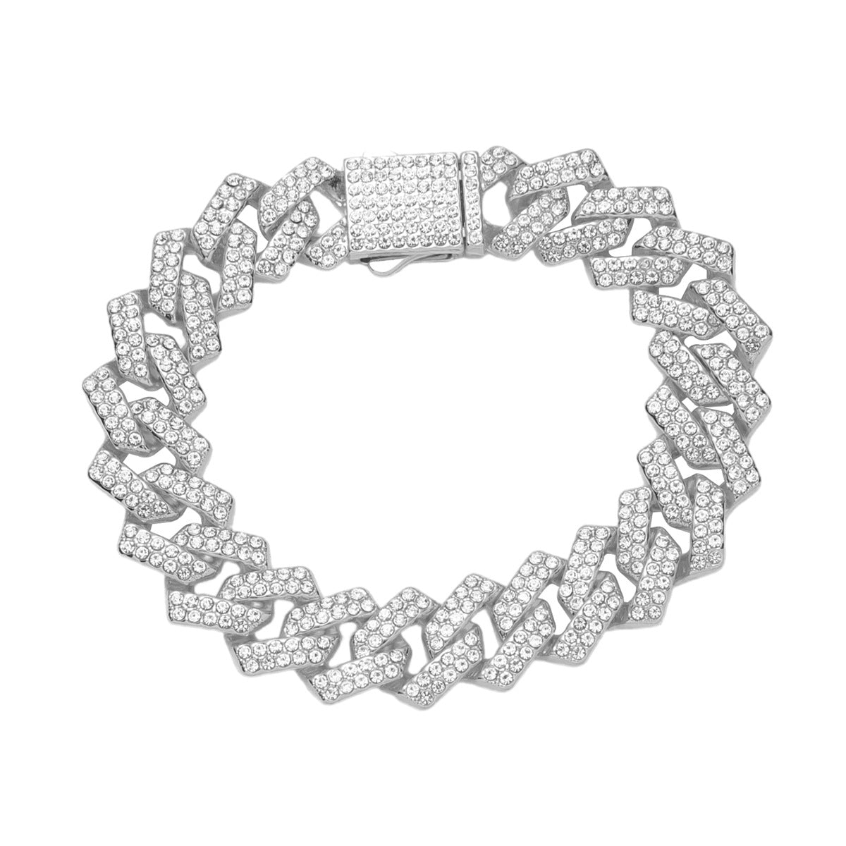 Hip-Hop Alloy Rhinestone Men's Bracelet and Cuban Chain Necklace Set