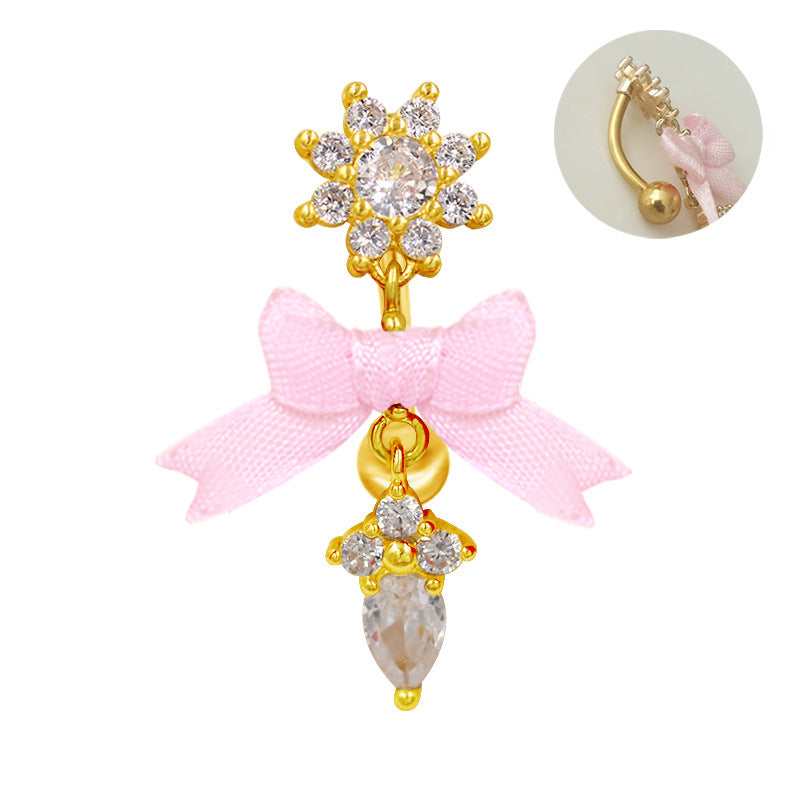 1 Piece Belly Rings Vacation Shiny Heart Shape Bow Knot 316 Stainless Steel  Alloy Inlay Rhinestones Glass Gold Plated