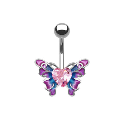 Sunflower Heart Butterfly Zircon Belly Ring in White Gold Plated Stainless Steel