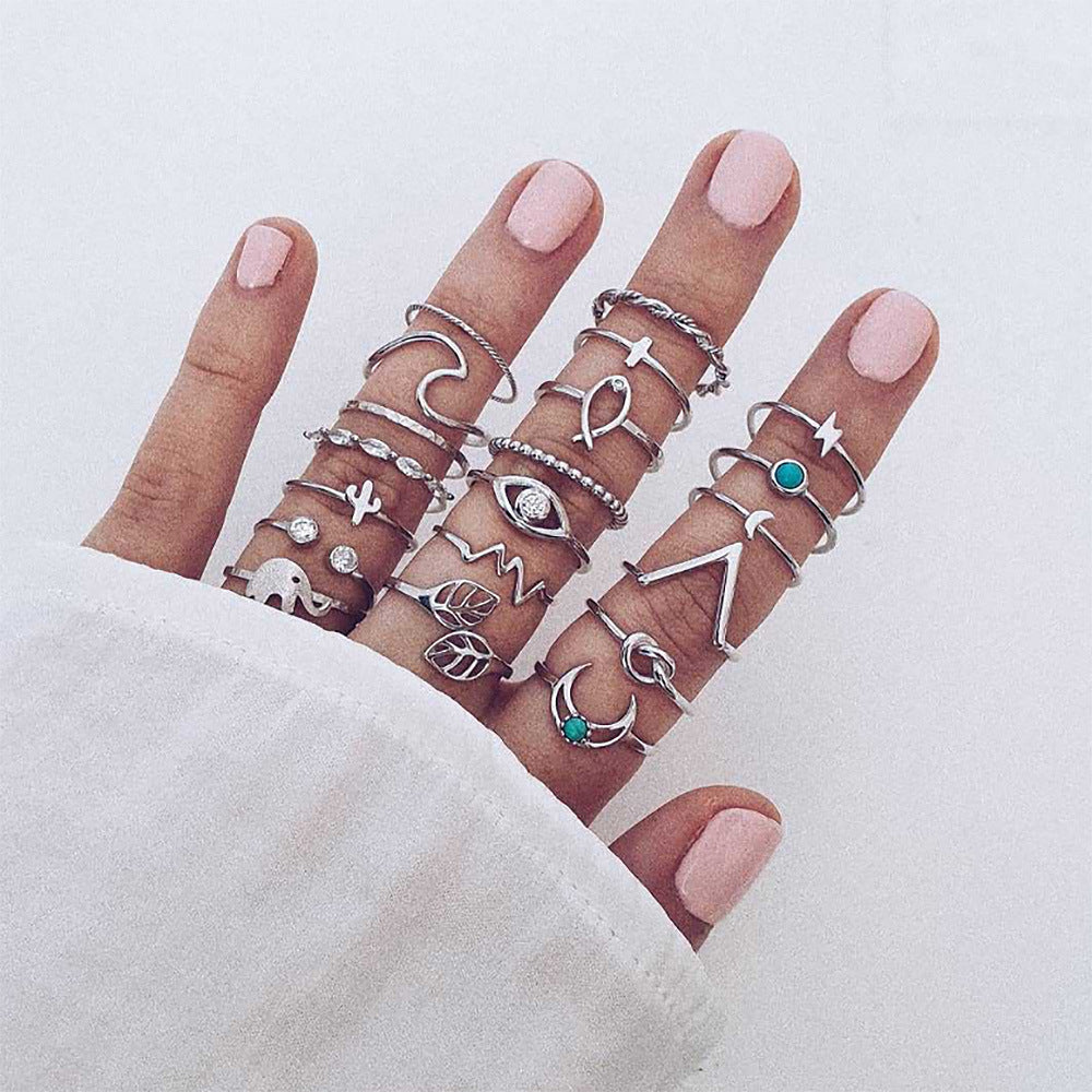 Bohemian Hip-Hop Geometric Water Droplet Moonstone Ring Set - 56 Pieces