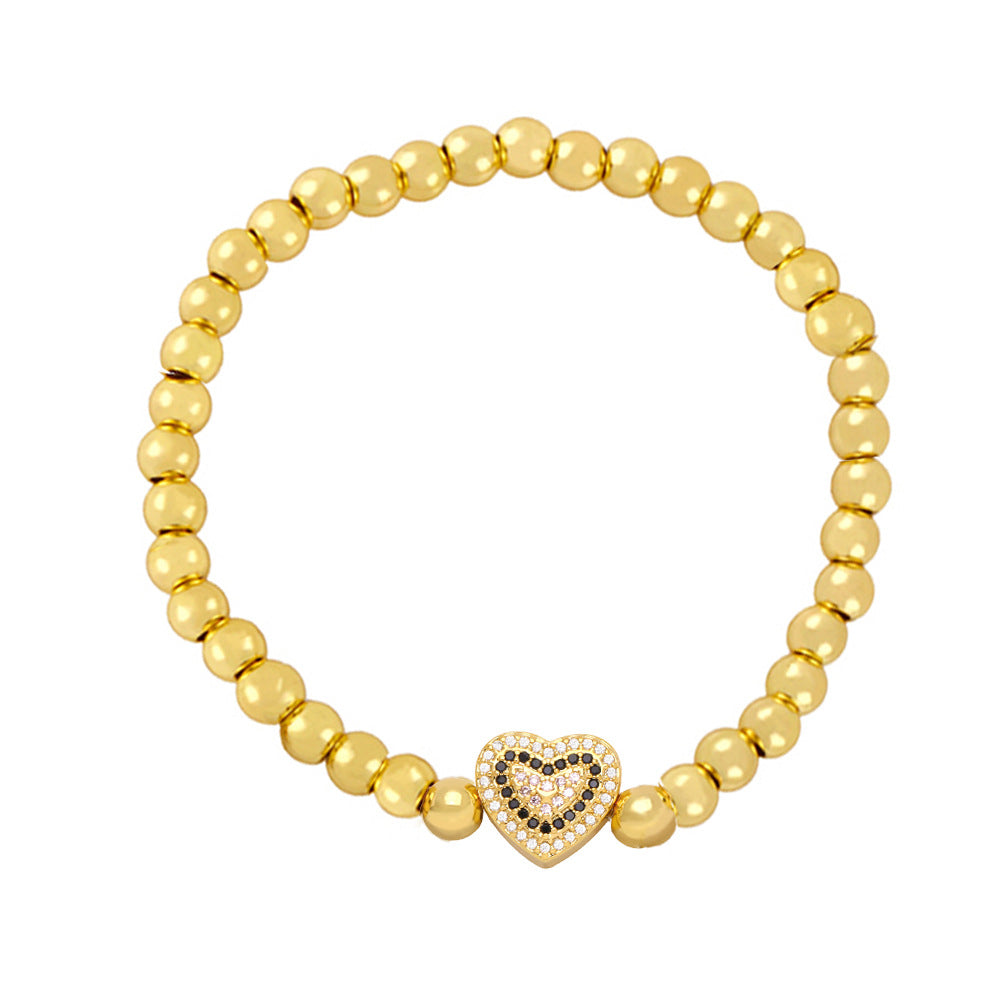 Fashion Zircon Heart & Gold Bead Copper Bracelet