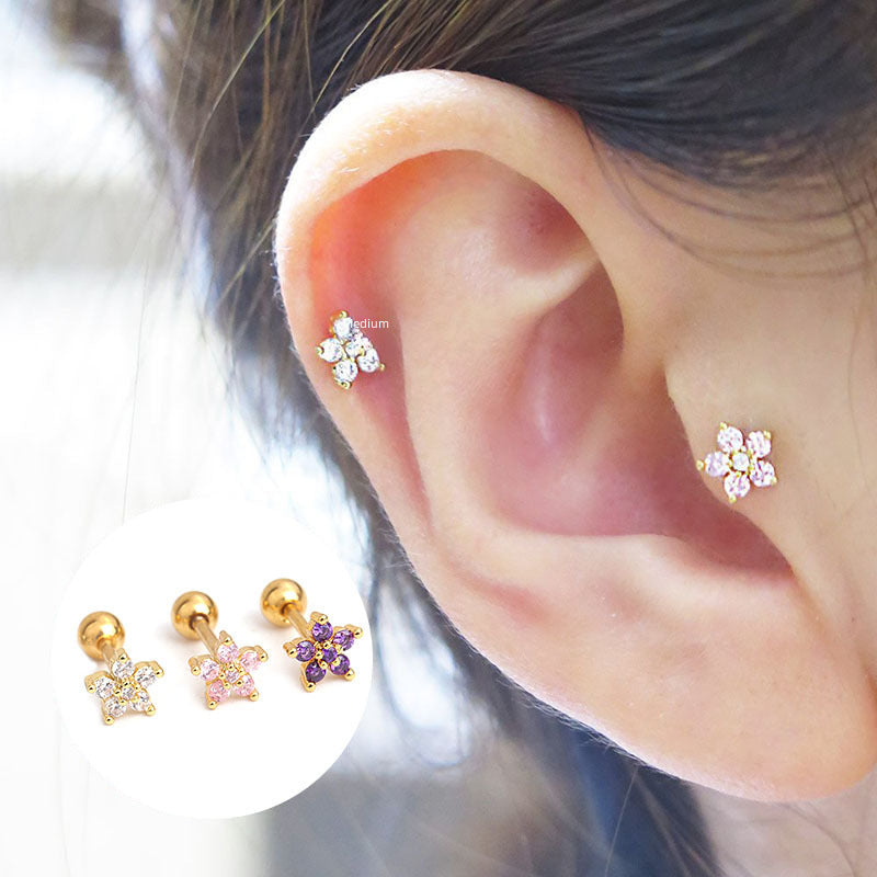 Simple Flower Ear Cartilage Studs 316 Stainless Steel Zircon Inlay Korean Style