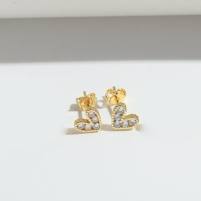 1 Pair Elegant Heart Shape Zircon 14K Gold Plated Copper Ear Studs