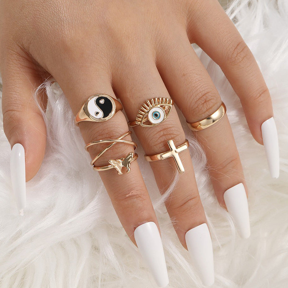 IG Style Retro Devil's Eye Cross Alloy Rings Set - 6pcs Unique Creative Design