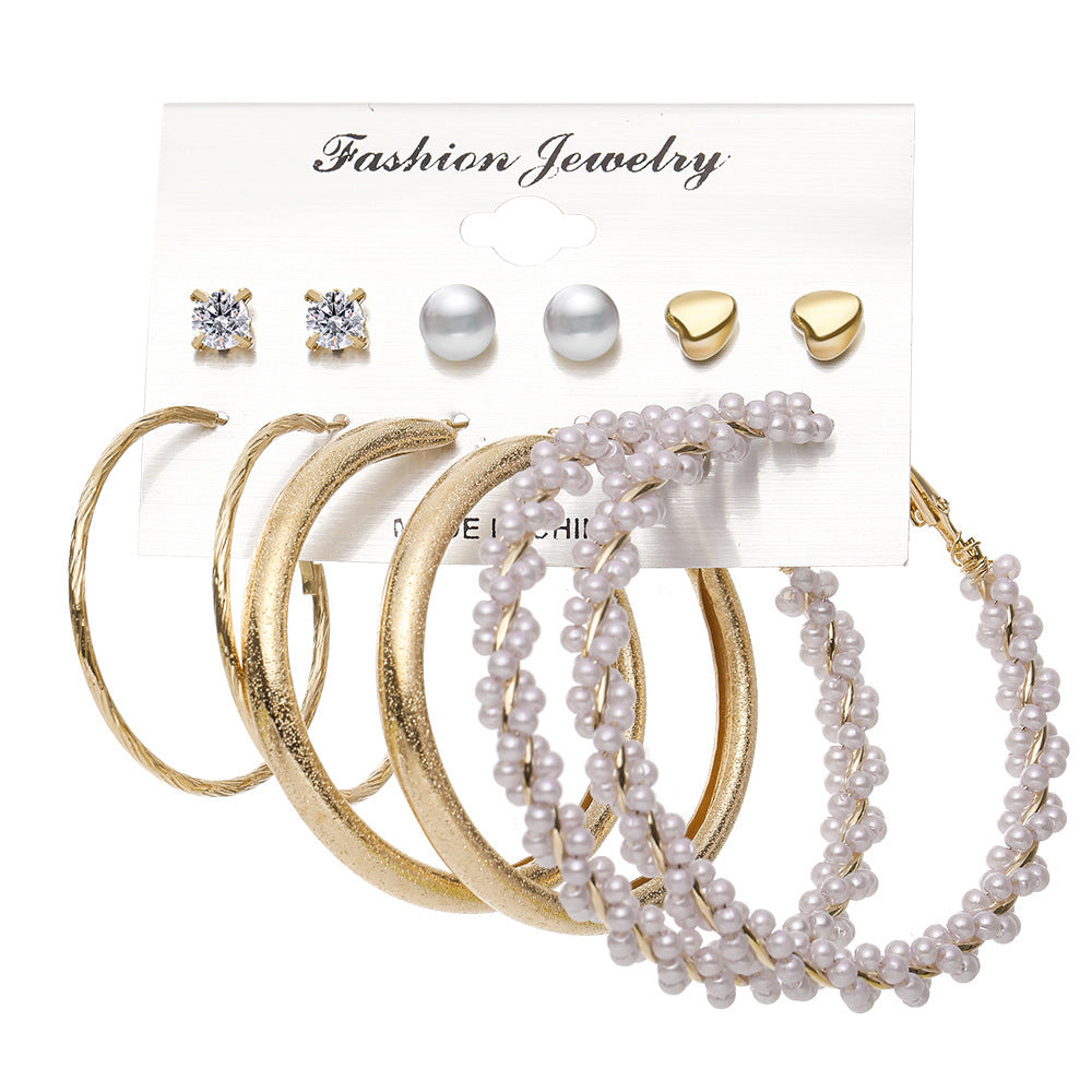 European Love Heart & Pearl Diamond Earring Set - 6 Piece Gold Round Ring Collection