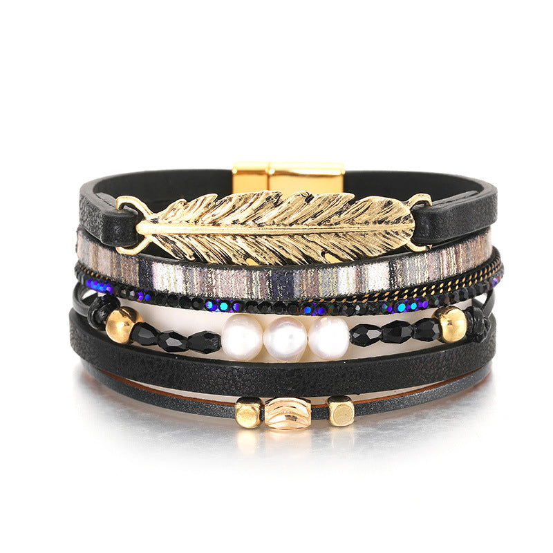 Bohemian Feather & Pearl Multi-Layer Leather Bracelet with Leaf Design