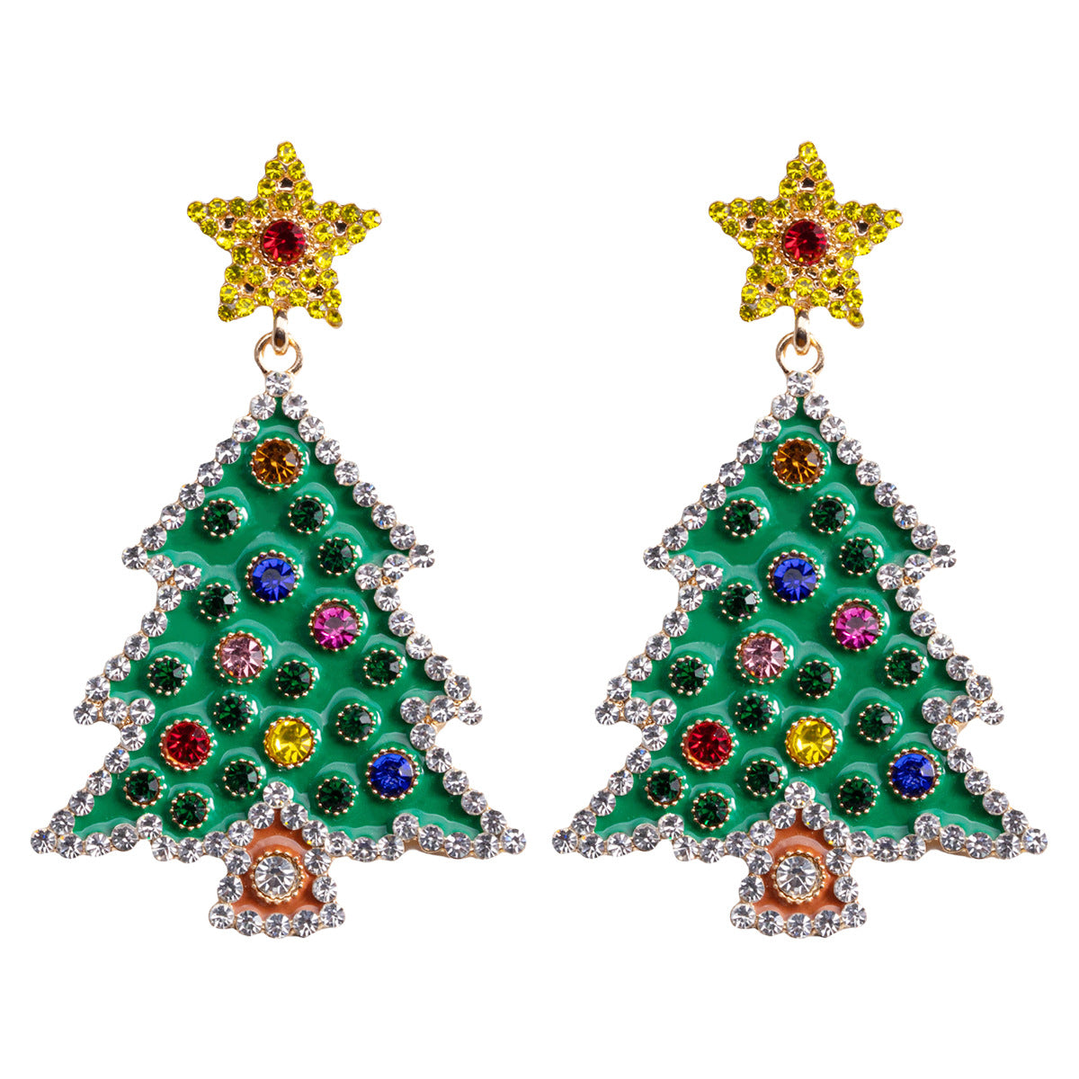 1 Pair Gold Plated Christmas Tree Rhinestone Stud Earrings