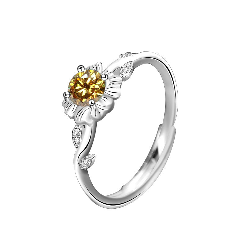 Elegant Sunflower Moissanite Sterling Silver Open Ring