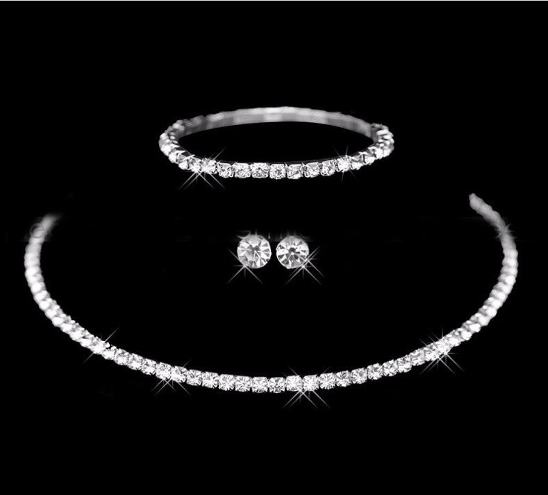 Simple Solid Color Zircon Rhinestone Bridal Jewelry Set - Necklace, Earrings, and Bracelet