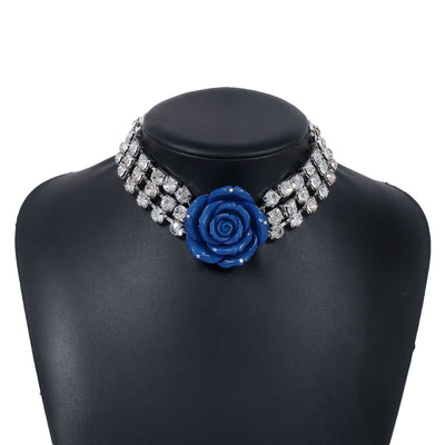 Modern Rhinestone Rose Flower Statement Necklace for Women