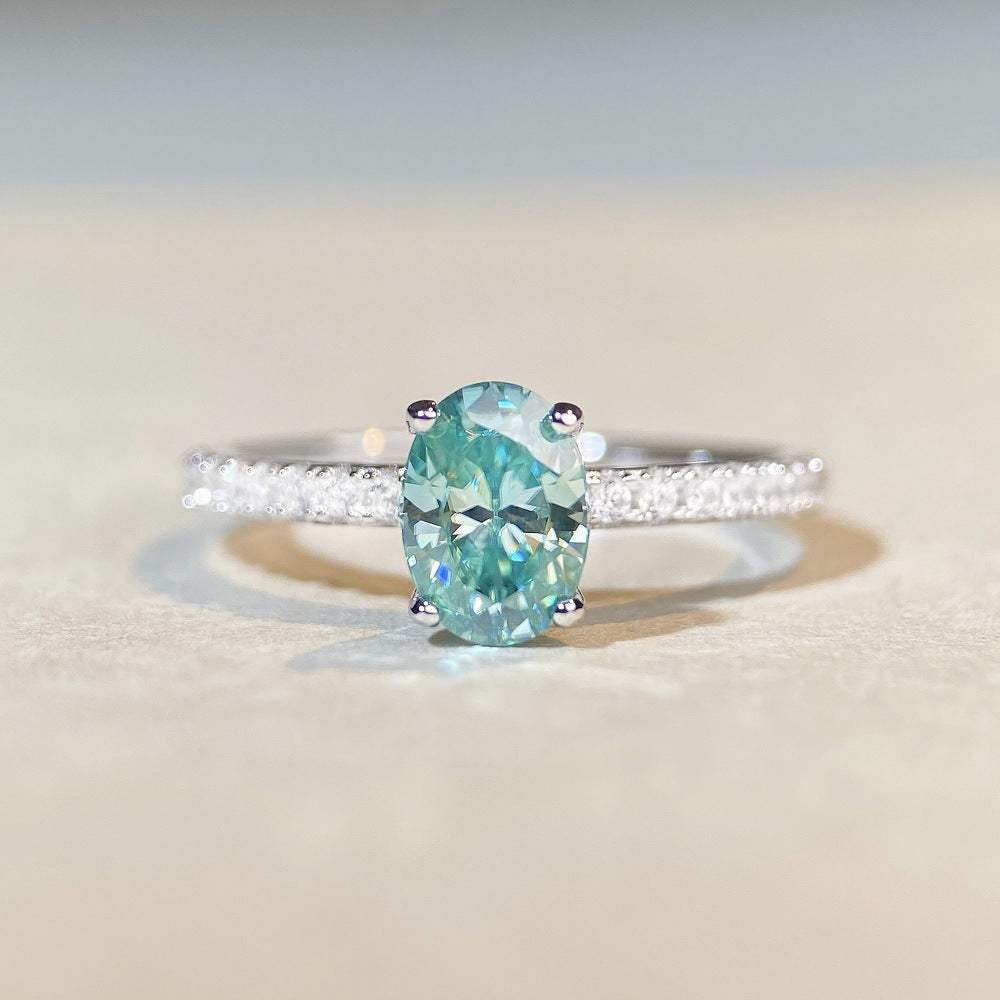 Paraiba Moissanite 1 Carat Mint Green Oval Ring in 925 Sterling Silver