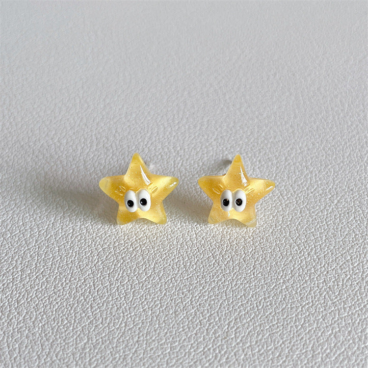 Cartoon Heart & Star Resin Epoxy 925 Silver Stud Earrings for Women