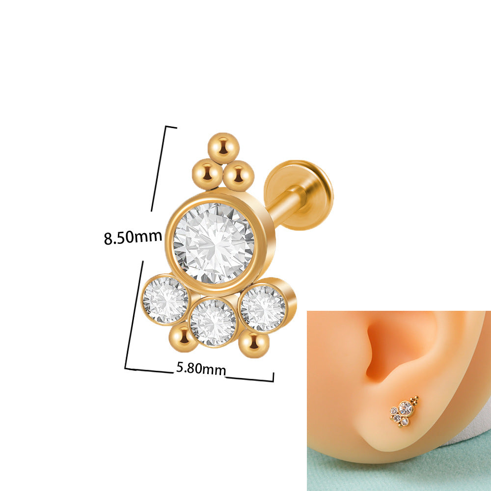 18K Gold Plated Geometric Stainless Steel Lip and Ear Stud Set with Rhinestones