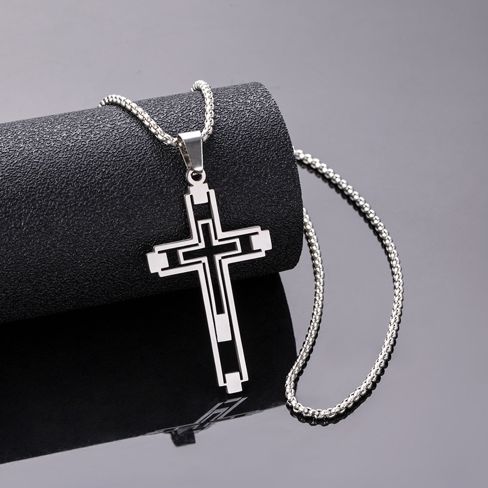 Hip-Hop Hollow Cross Stainless Steel Pendant Necklace