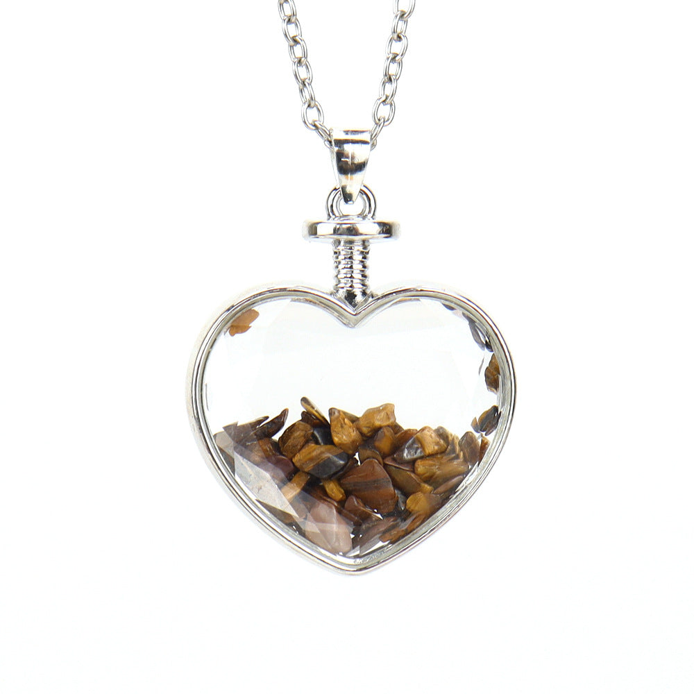 Simple Heart Shape Natural Stone Pendant Necklace with Polished Tiger Eye and Colorful Gemstones