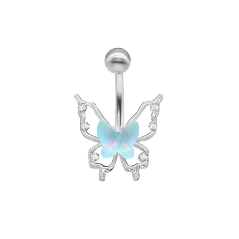 Elegant Tropical Butterfly Navel Ring - 316 Stainless Steel with Rhinestone and Acrylic Inlay