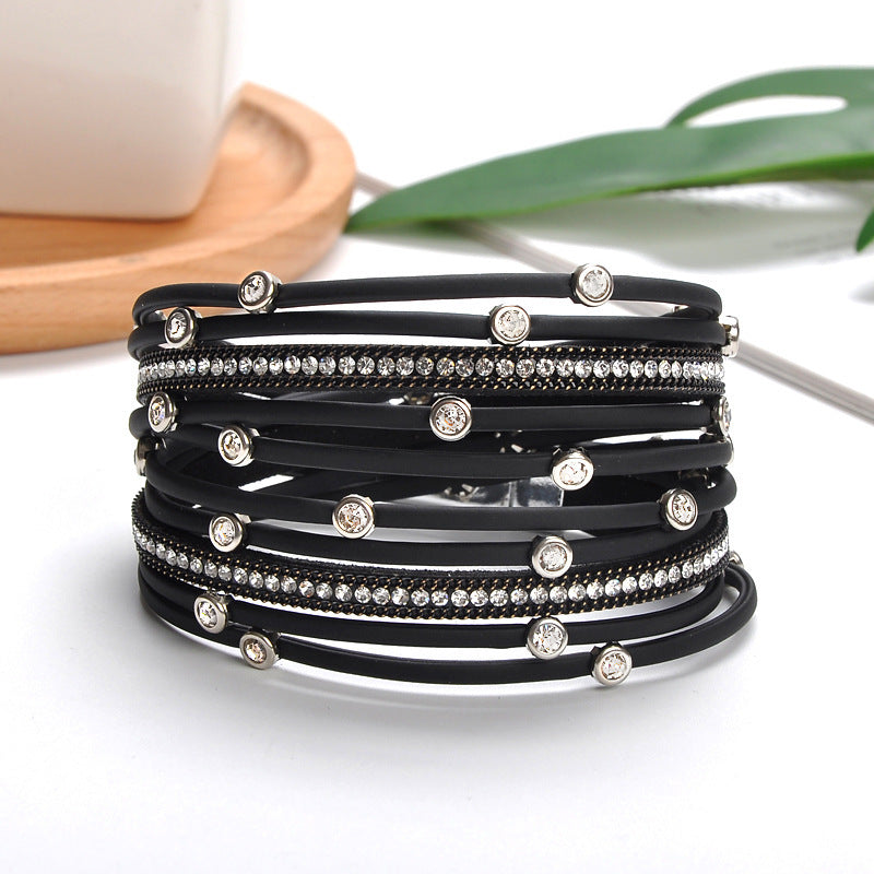 Simple Style Multi-Layer PU Leather Wrap Bracelet with Alloy Inlay Rhinestones for Women