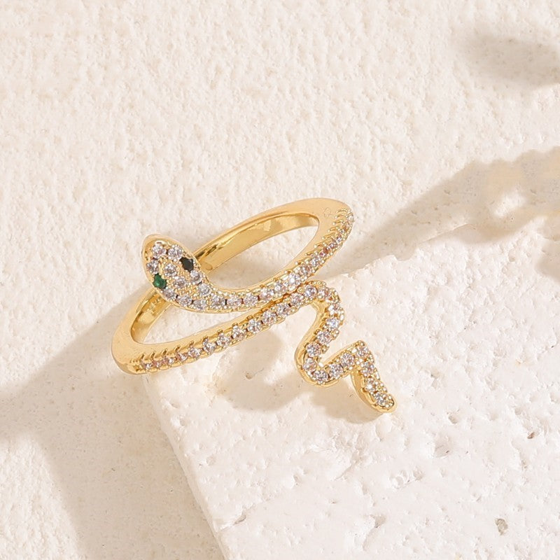 Cute Simple Style Snake Zircon Adjustable Open Ring in 14K Gold and White Gold Plating