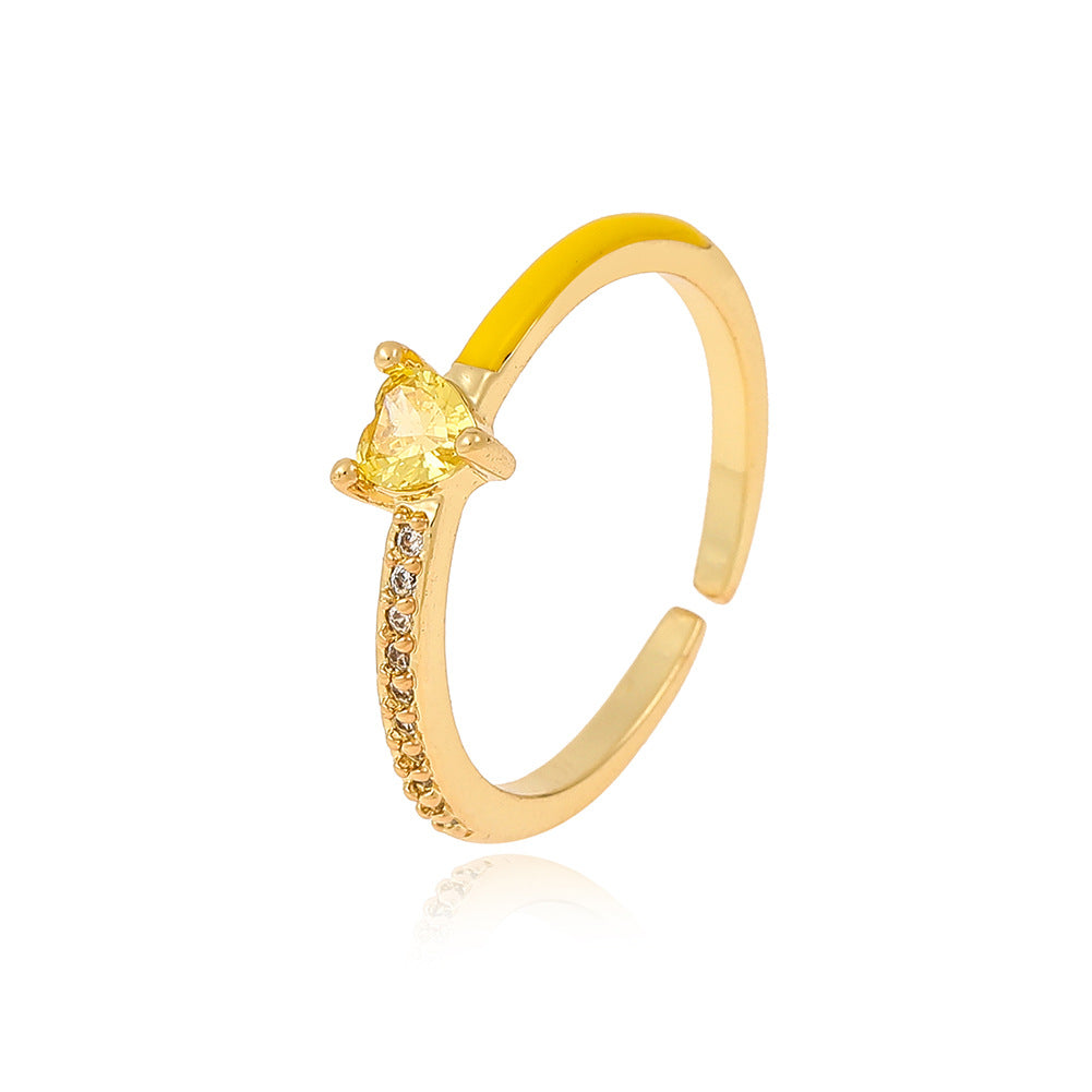 Minimalist Heart & Water Droplet Zircon Adjustable Open Ring in 18K Gold Plated Copper