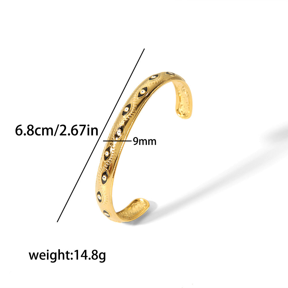 Vintage C Shape Star 18K Gold Plated Stainless Steel Bangle with Diamond Inlay Adjustable Bracelet