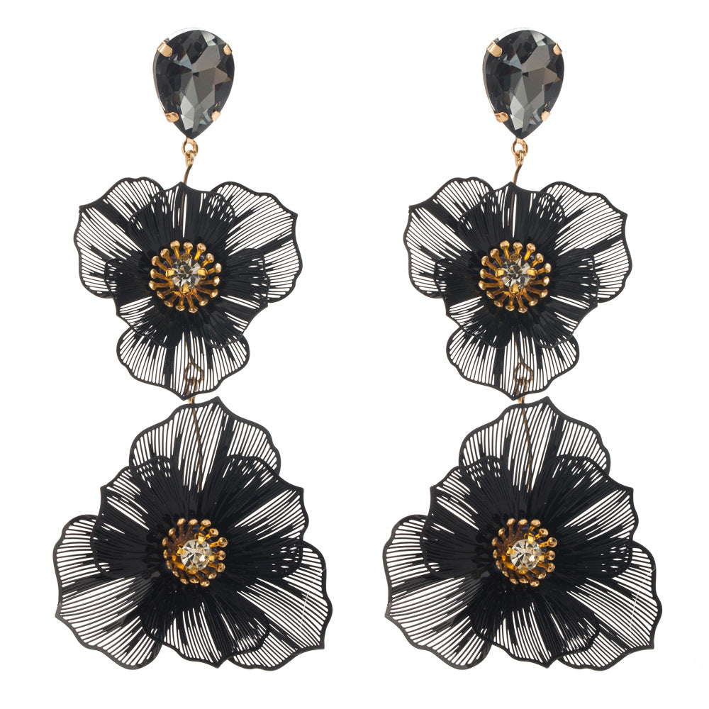 1 Pair Elegant Vacation Classic Style Flower Hollow Out Inlay Alloy Rhinestones Glass Silver Plated Drop Earrings