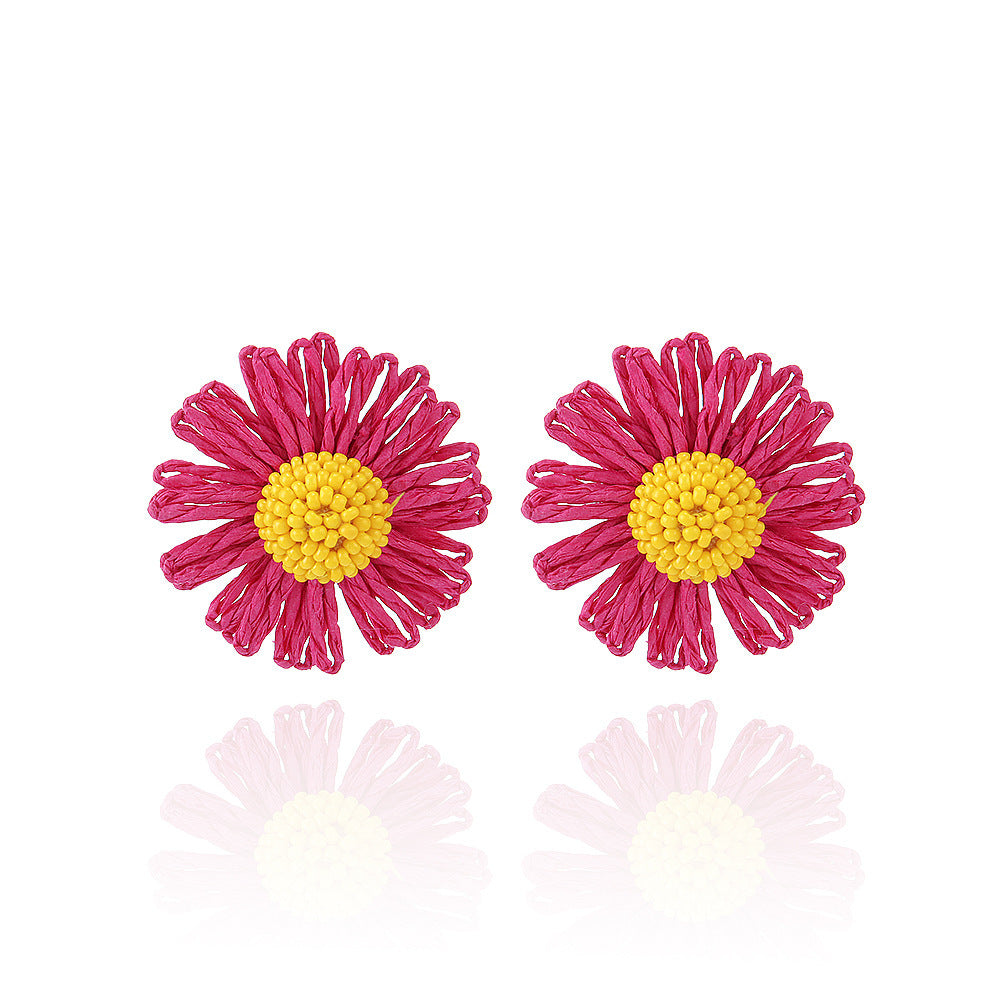 1 Pair Cute Daisy Raffia Flower Drop Earrings for Summer Beach Style