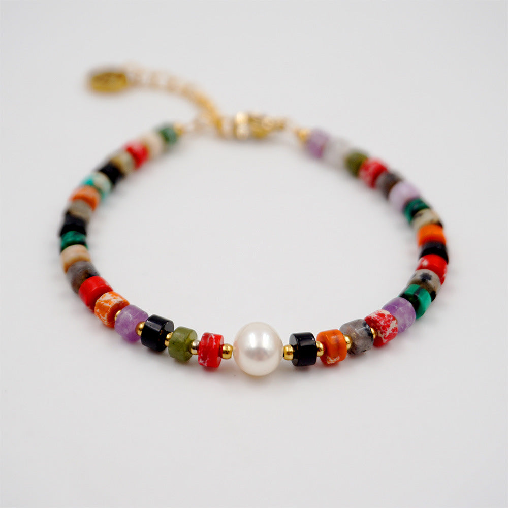 Modern Classic Round Natural Stone Freshwater Pearl Titanium Steel Gold Plated Multicolor Gemstone Bracelet