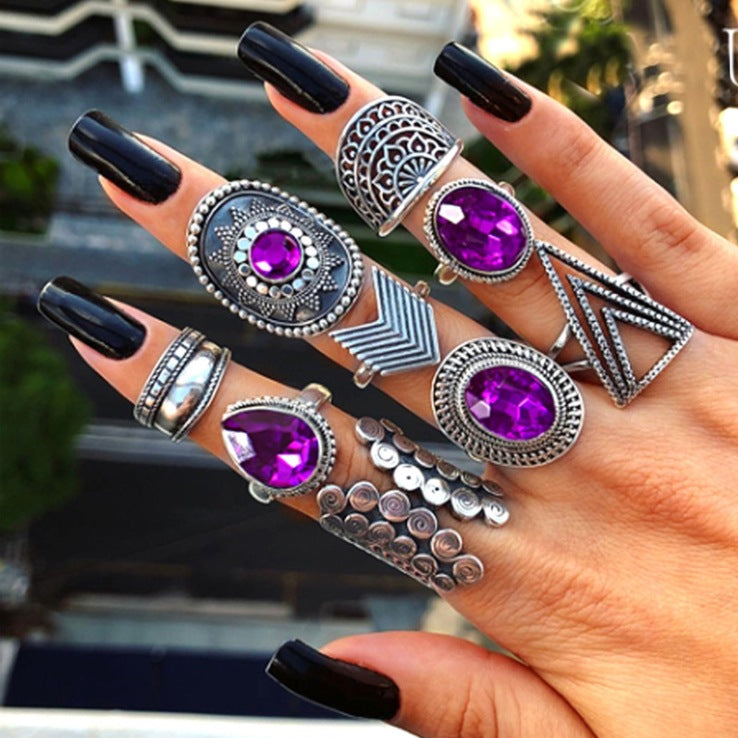 Retro Geometric Bohemian Crystal Moon Ring Set - 11 Piece Vintage Style Jewelry