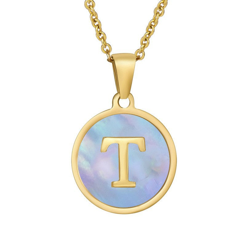 Titanium Steel Blue Shell Initial Pendant Necklace