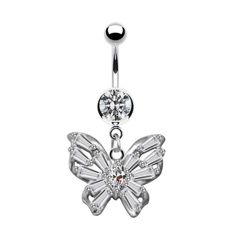 Elegant Butterfly Moon Zircon Belly Ring - Rose, White, Gold Plated Navel Jewelry