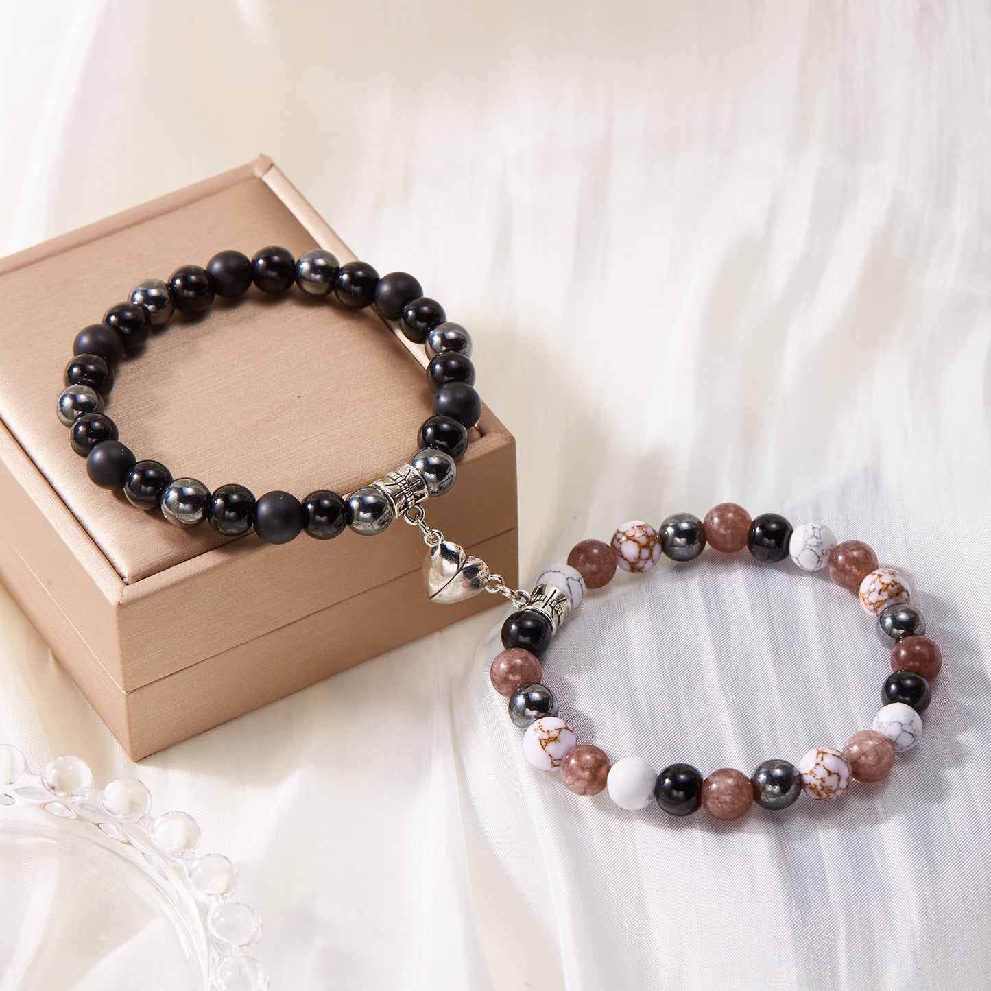 Simple Heart Shape Natural Stone Glass Beaded Unisex Couple Bracelets Set with Magnetic Attraction